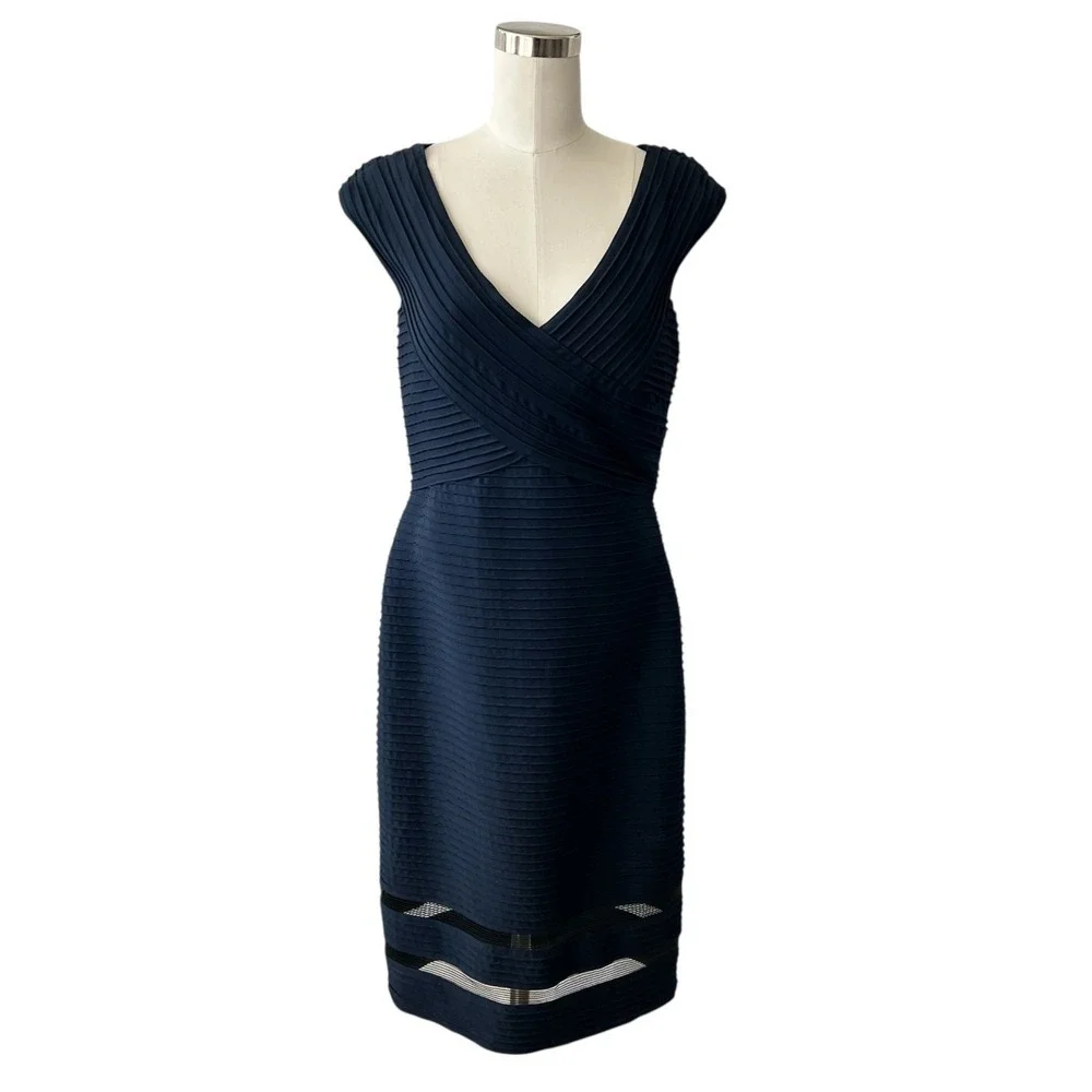 TADASHI SHOJI Pintuck Jersey Dress Navy‎ Blue Women's Size S Zipper Lined V Neck